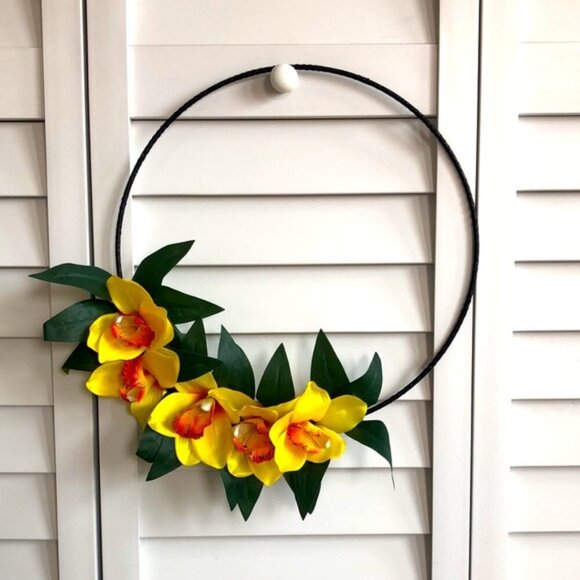 Other - 3/$10 Yellow Pink Dotted Orchid Flower Hawaiian Tropical Black Twine Hoop Wreath